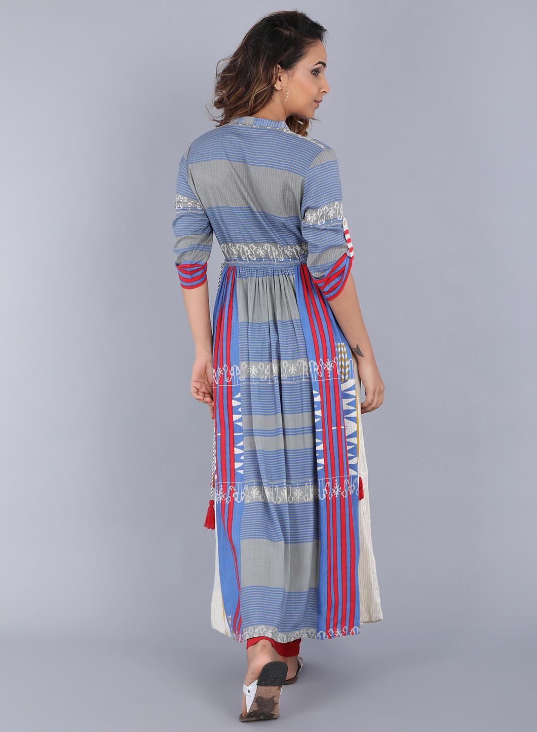 Blue Mandarin Neck Printed kurta - wforwoman