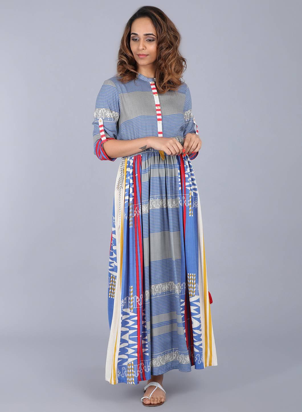 Blue Mandarin Neck Printed kurta - wforwoman