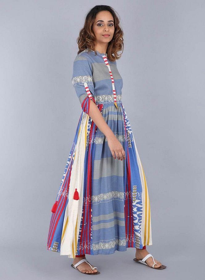 Blue Mandarin Neck Printed kurta - wforwoman