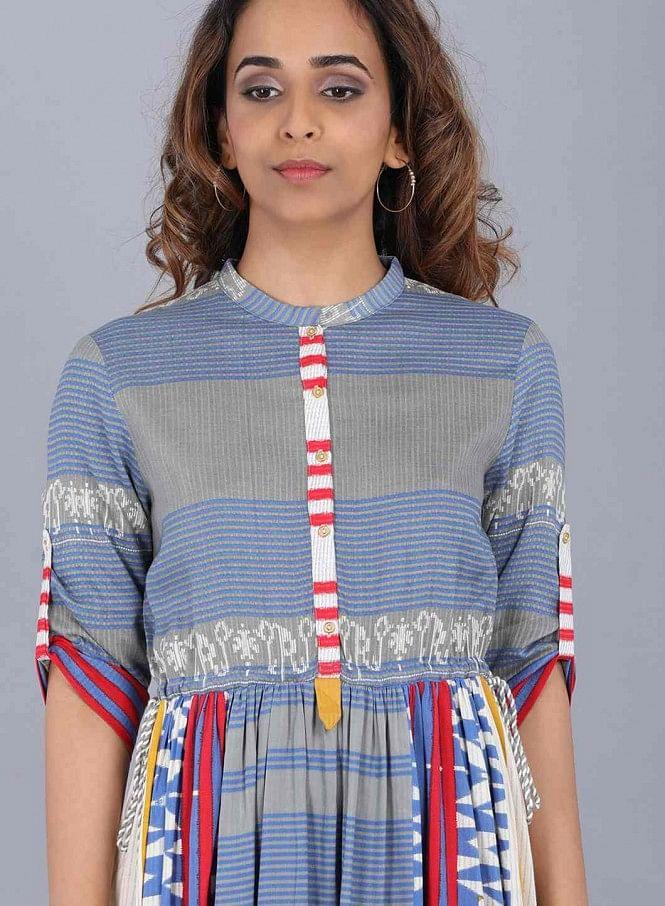 Blue Mandarin Neck Printed kurta - wforwoman