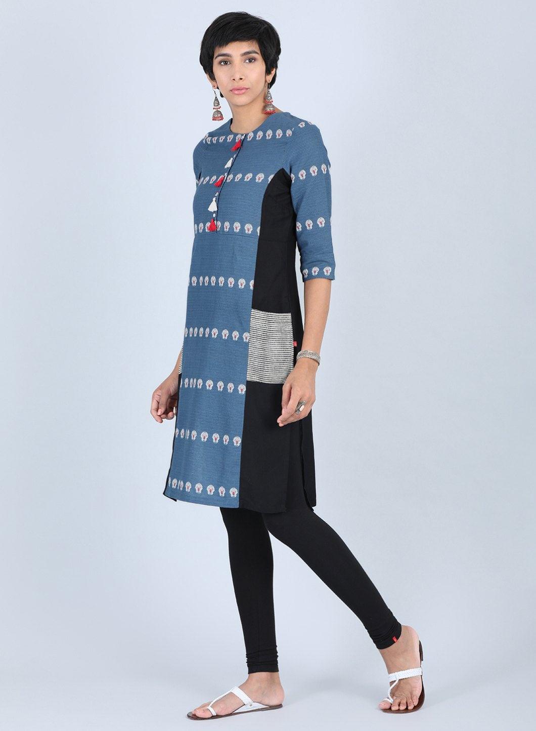 Blue Round Neck Printed kurta - wforwoman