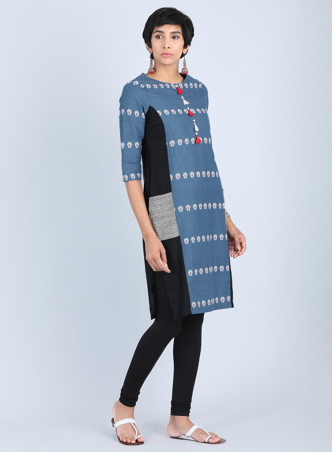 Blue Round Neck Printed kurta - wforwoman