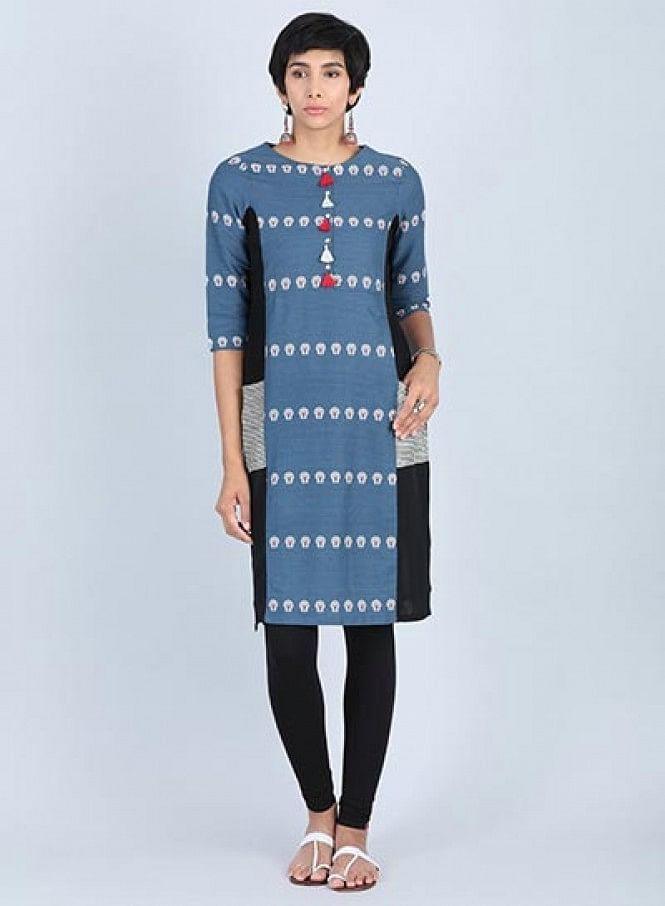 Blue Round Neck Printed kurta - wforwoman