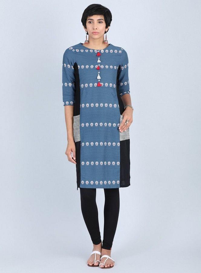 Blue Round Neck Printed kurta - wforwoman