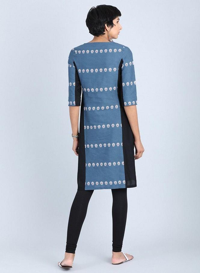 Blue Round Neck Printed kurta - wforwoman