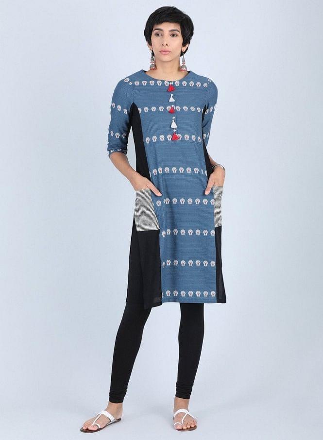 Blue Round Neck Printed kurta - wforwoman