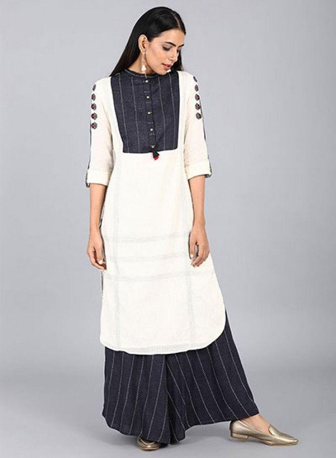 Off-White Mandarin Neck Solid kurta - wforwoman