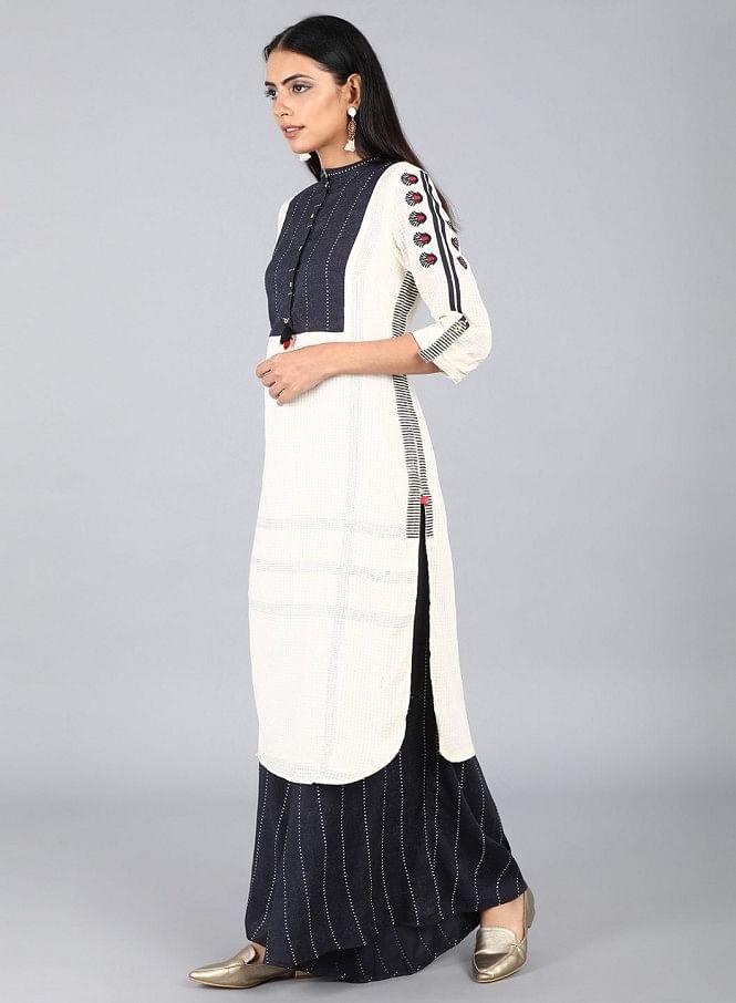 Off-White Mandarin Neck Solid kurta - wforwoman