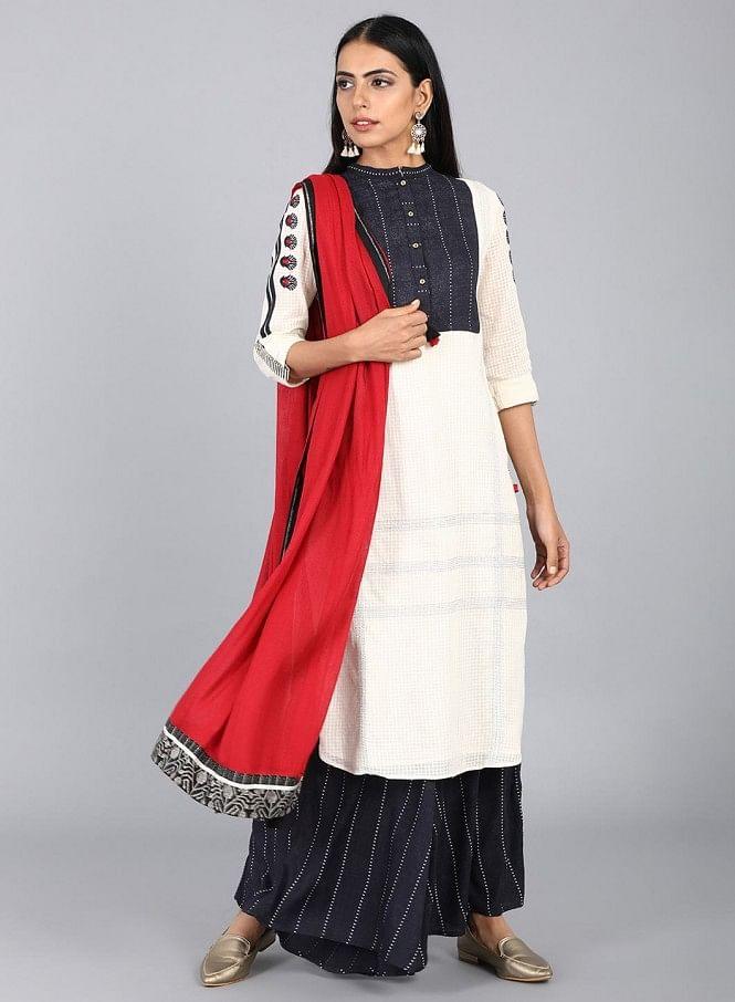 Off-White Mandarin Neck Solid kurta - wforwoman