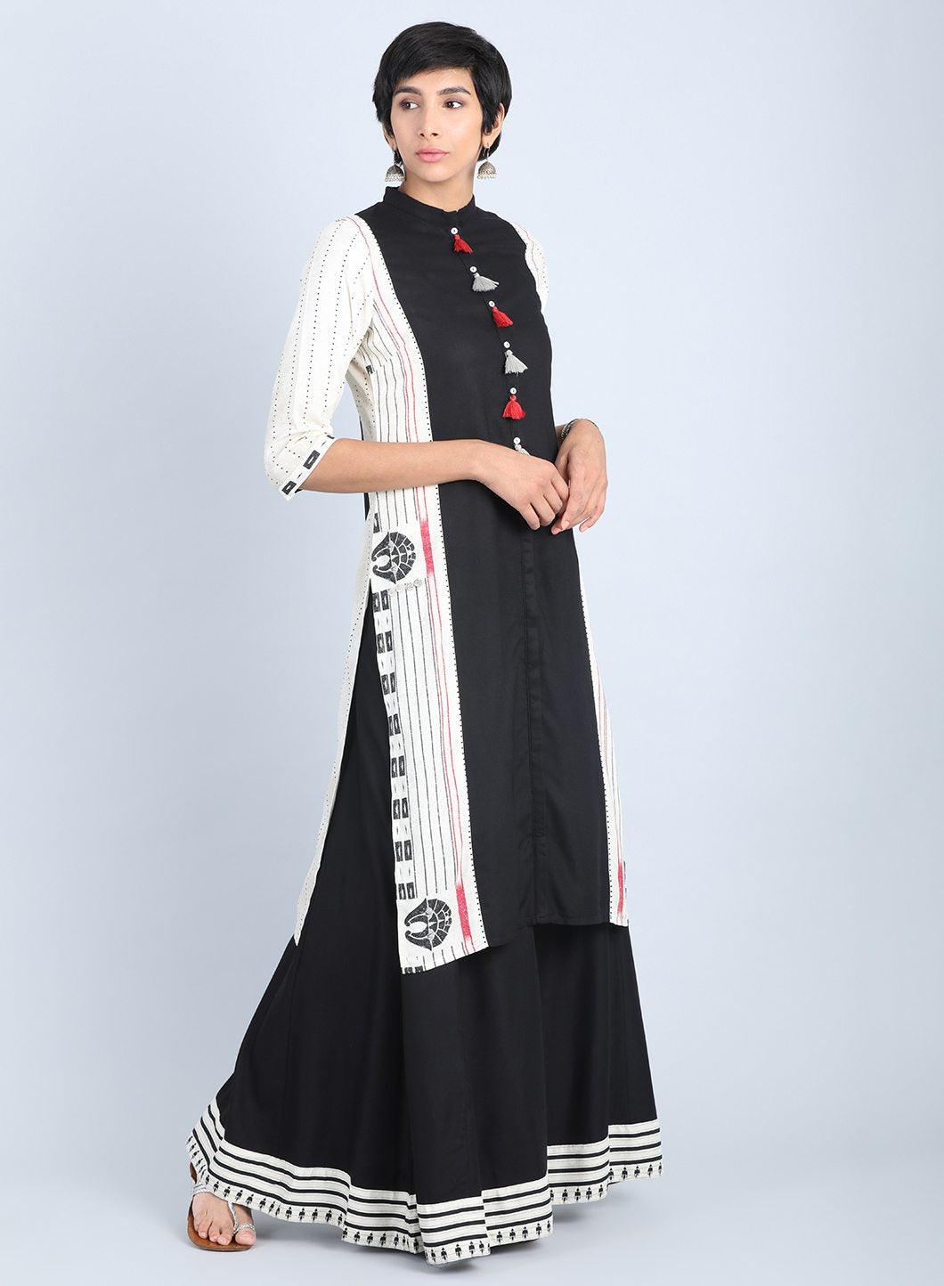 Off-White Mandarin Neck Tasselled kurta - wforwoman