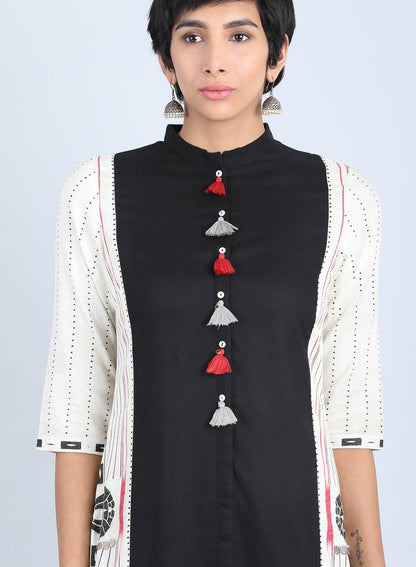 Off-White Mandarin Neck Tasselled kurta - wforwoman