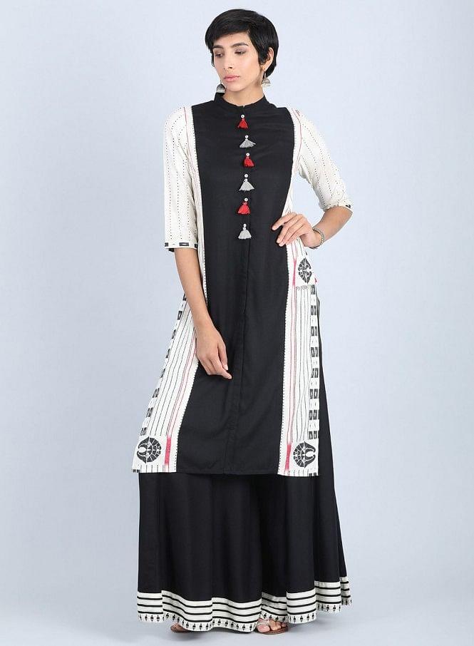 Off-White Mandarin Neck Tasselled kurta - wforwoman