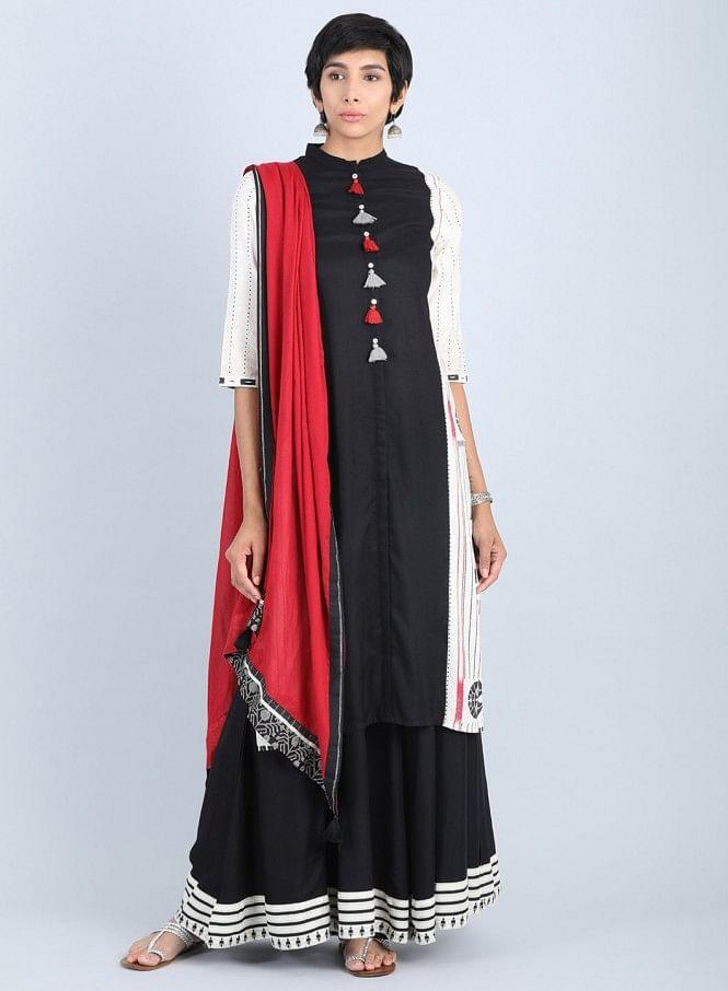 Off-White Mandarin Neck Tasselled kurta - wforwoman