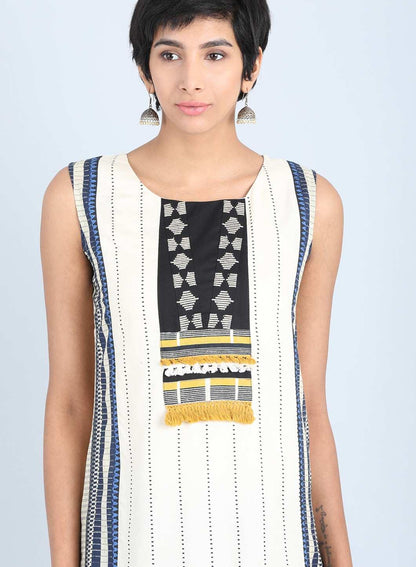 White Round Neck Striped kurta - wforwoman