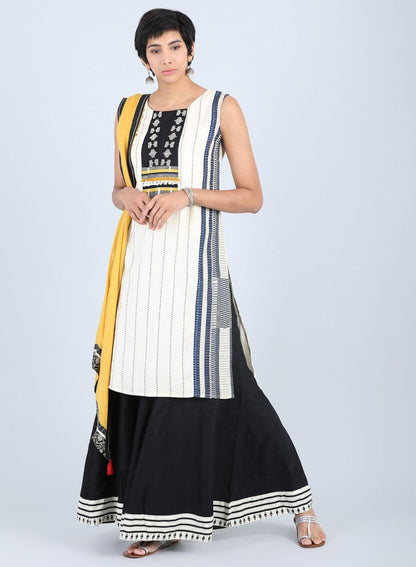 White Round Neck Striped kurta - wforwoman