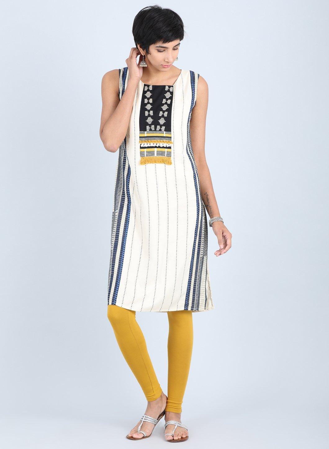 White Round Neck Striped kurta - wforwoman