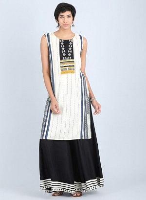 White Round Neck Striped kurta - wforwoman