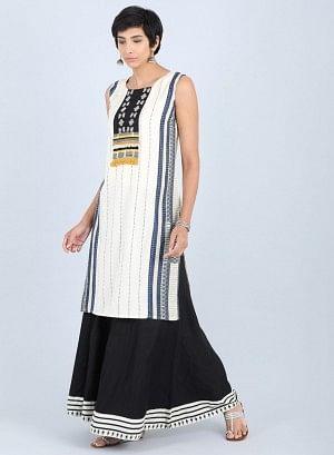 White Round Neck Striped kurta - wforwoman