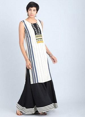 White Round Neck Striped kurta - wforwoman