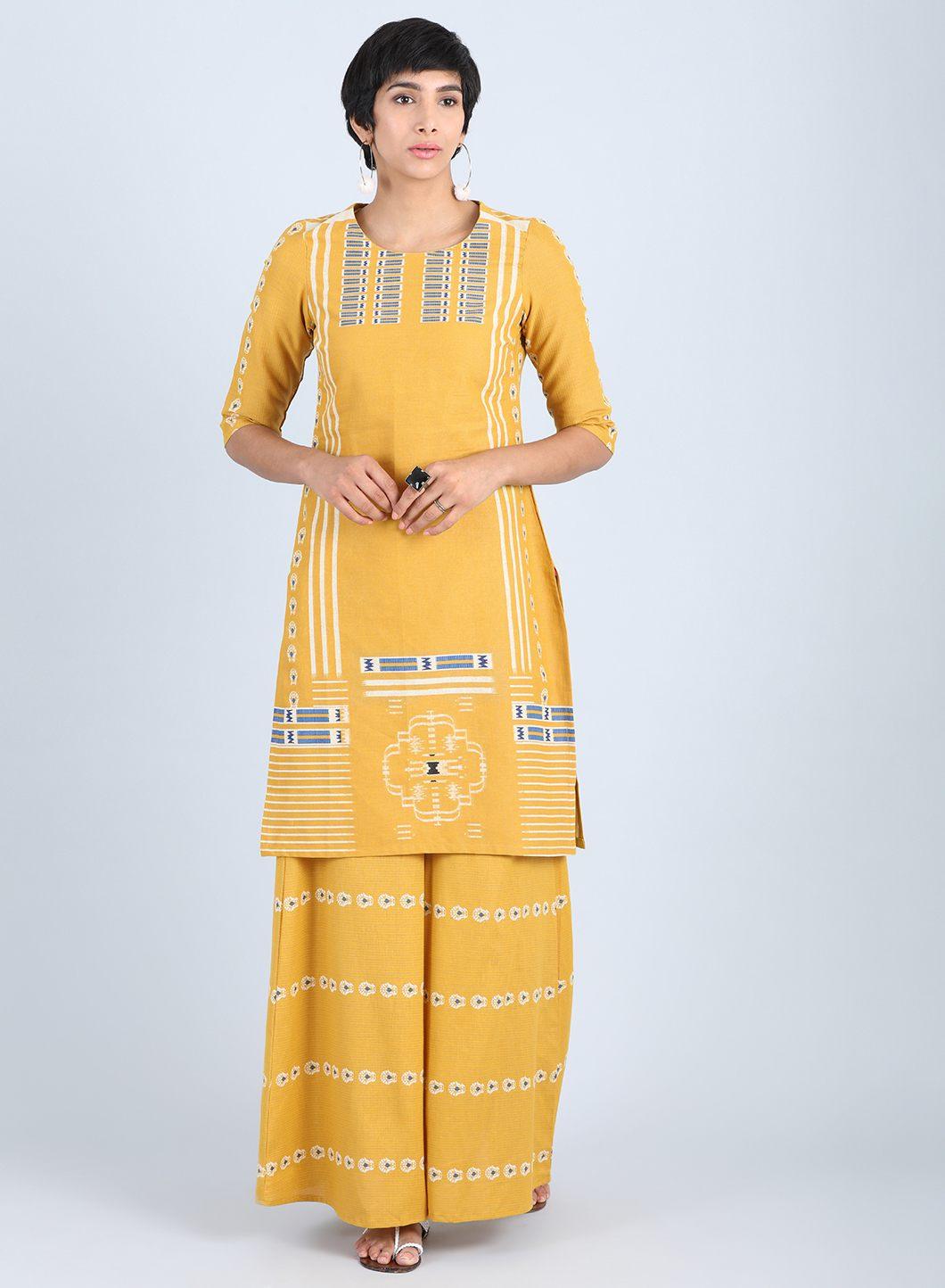 Yellow Round Neck Printed kurta - wforwoman