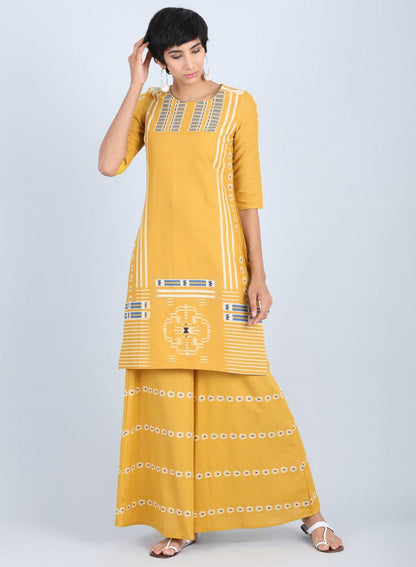 Yellow Round Neck Printed kurta - wforwoman