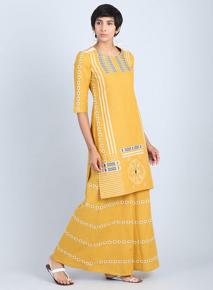 Yellow Round Neck Printed kurta - wforwoman