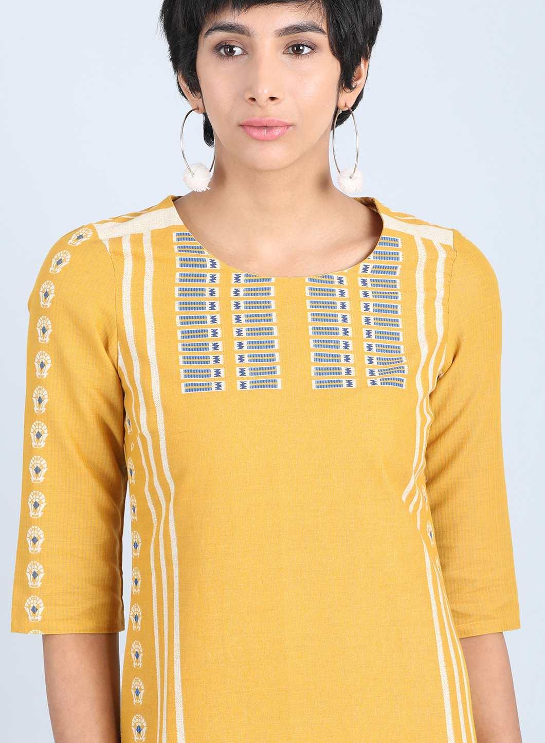 Yellow Round Neck Printed kurta - wforwoman