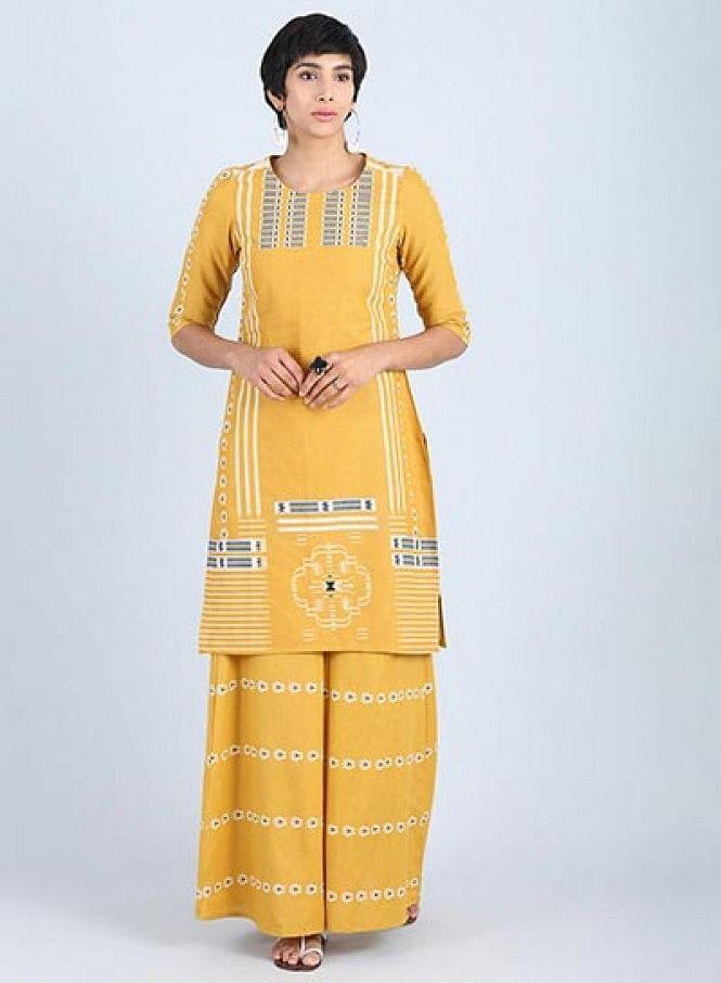 Yellow Round Neck Printed kurta - wforwoman