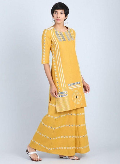 Yellow Round Neck Printed kurta - wforwoman