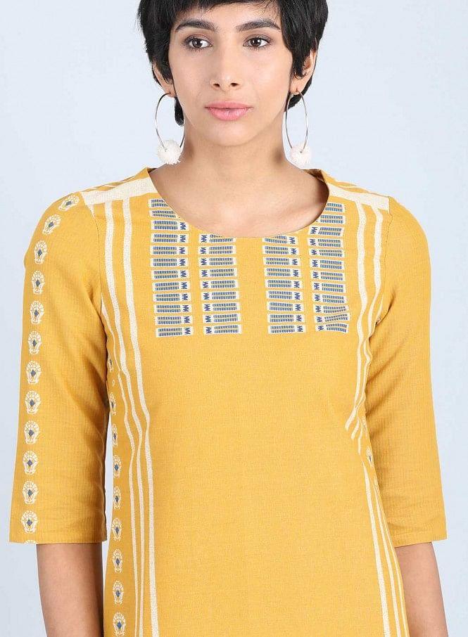 Yellow Round Neck Printed kurta - wforwoman