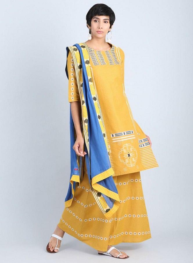 Yellow Round Neck Printed kurta - wforwoman