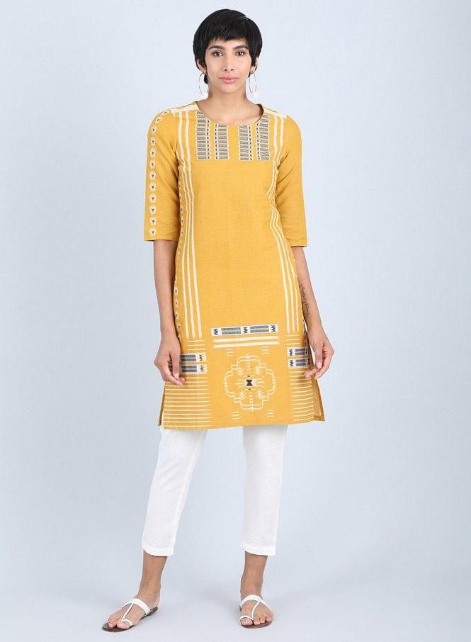 Yellow Round Neck Printed kurta - wforwoman