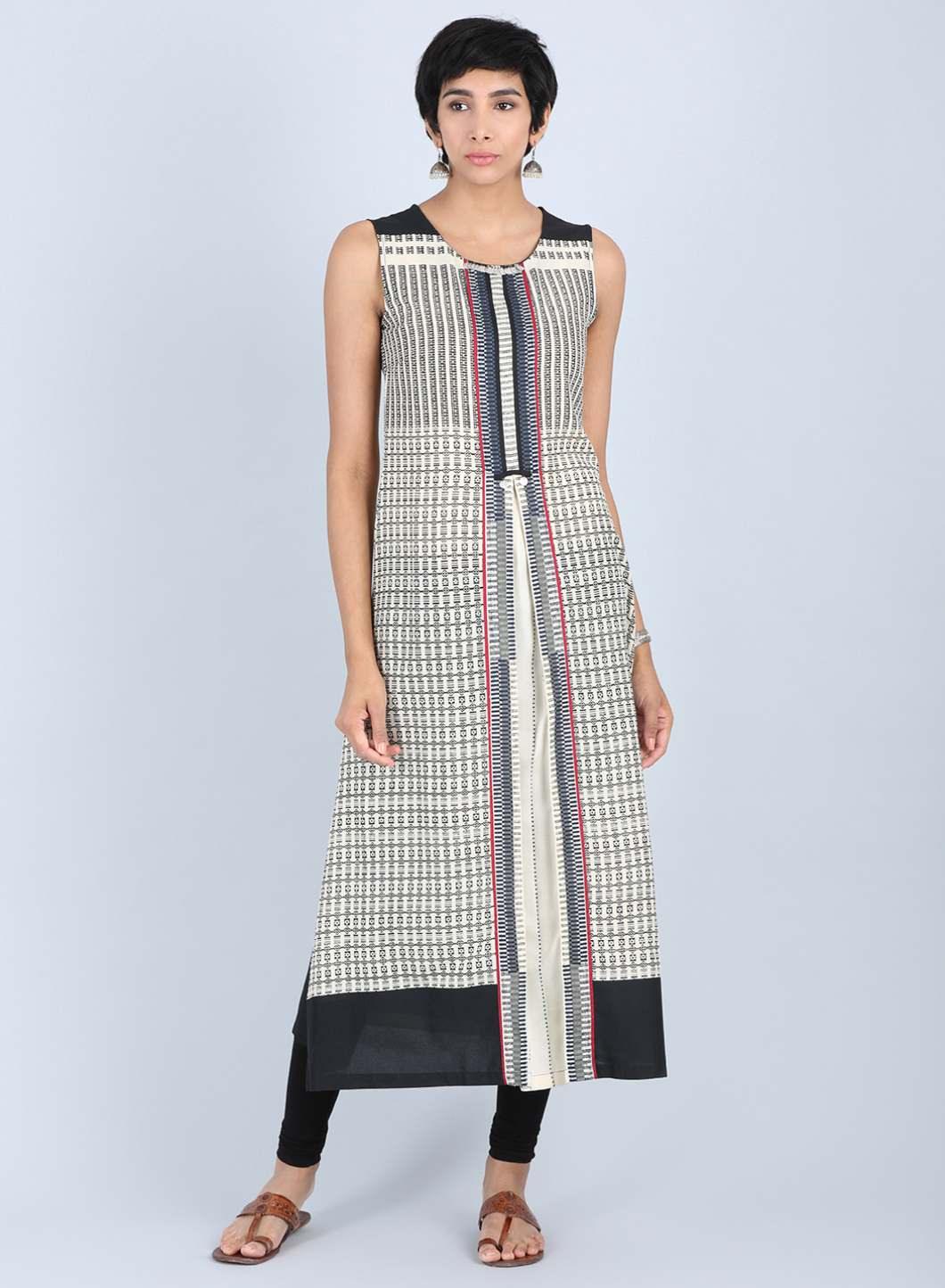 White Round Neck Printed kurta - wforwoman