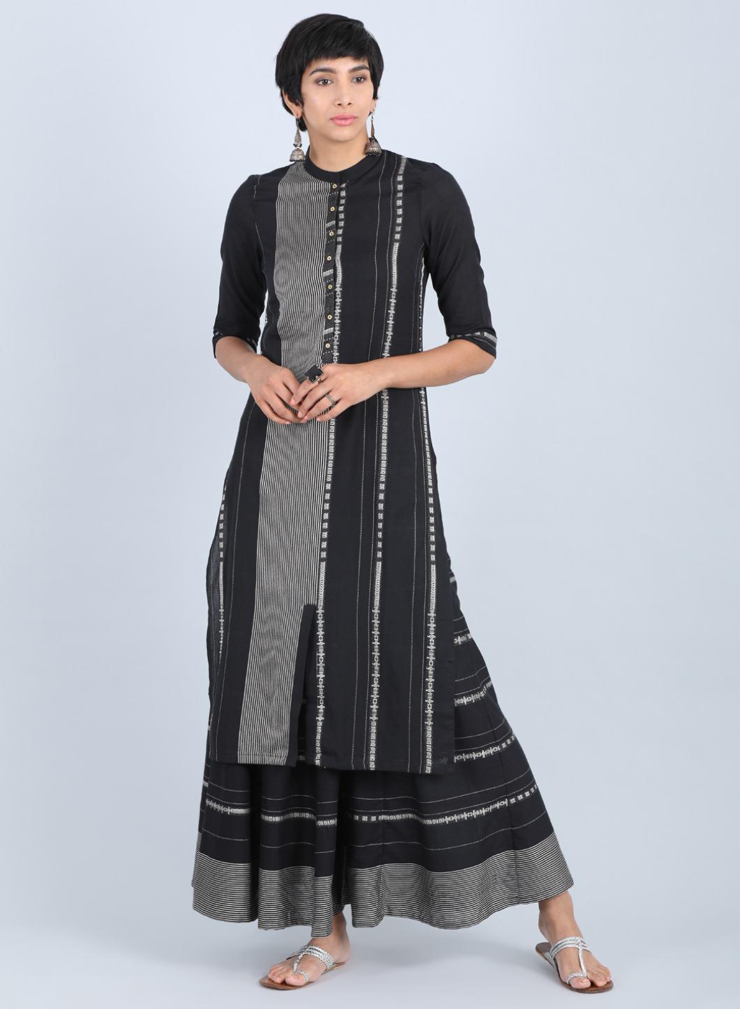 Black Mandarin Neck Printed kurta - wforwoman