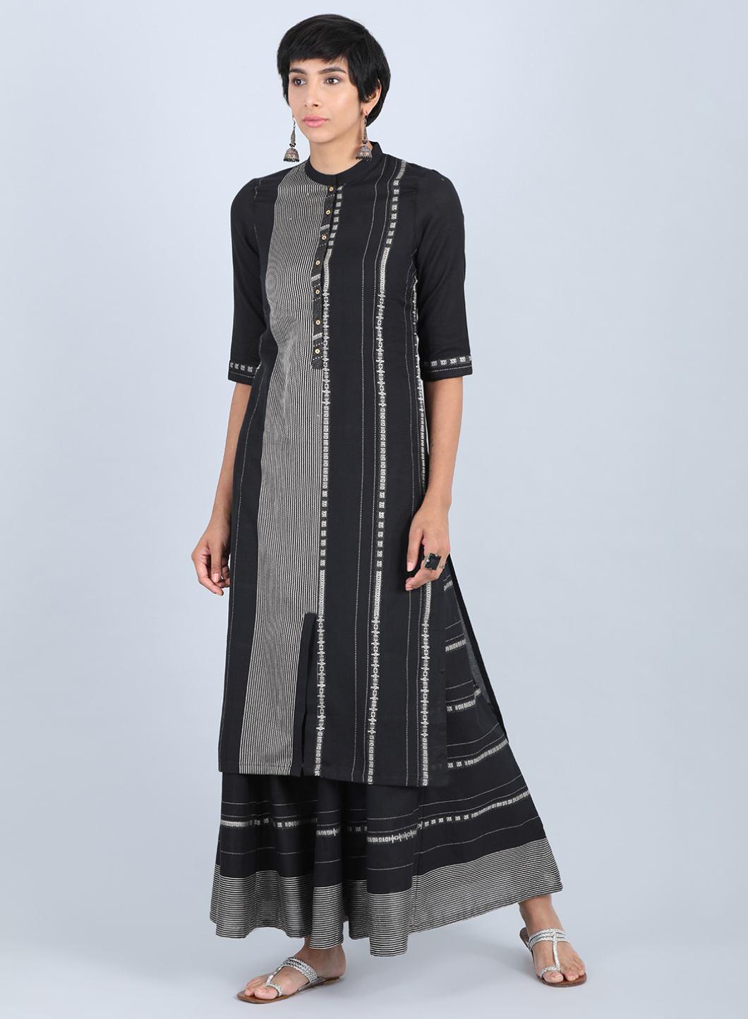 Black Mandarin Neck Printed kurta - wforwoman