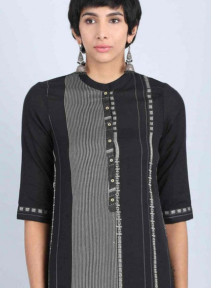 Black Mandarin Neck Printed kurta - wforwoman