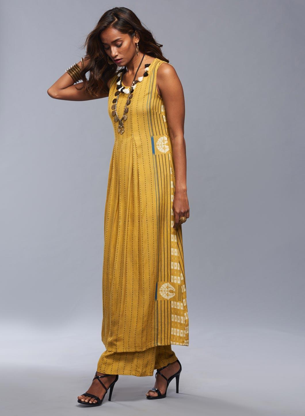 Yellow Round Neck Tasselled kurta - wforwoman