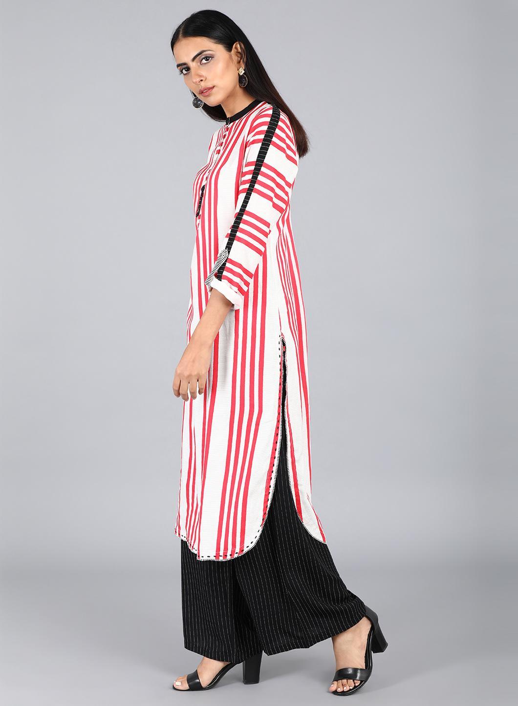 White &amp; Red Mandarin Neck Striped kurta - wforwoman