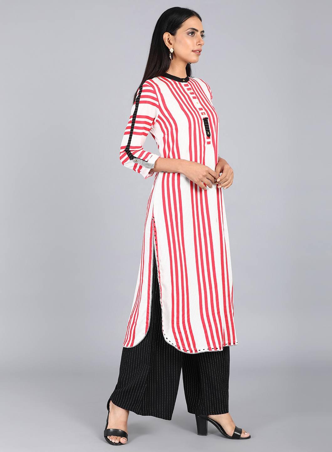 White &amp; Red Mandarin Neck Striped kurta - wforwoman