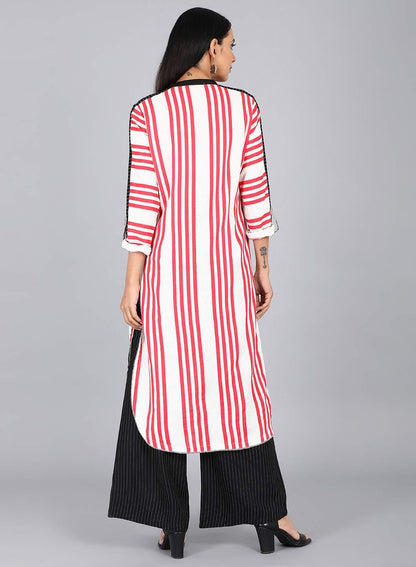 White &amp; Red Mandarin Neck Striped kurta - wforwoman