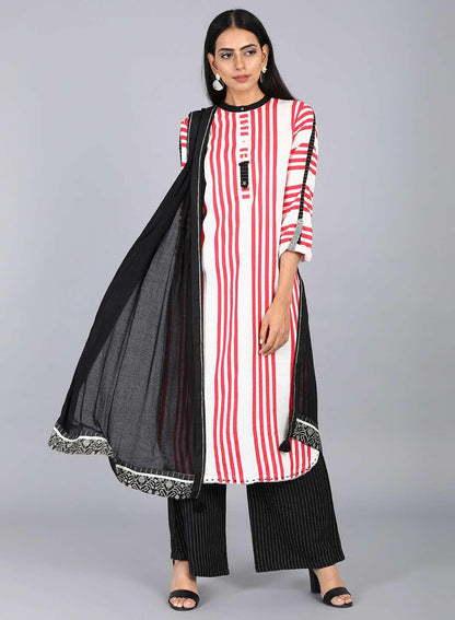 White &amp; Red Mandarin Neck Striped kurta - wforwoman