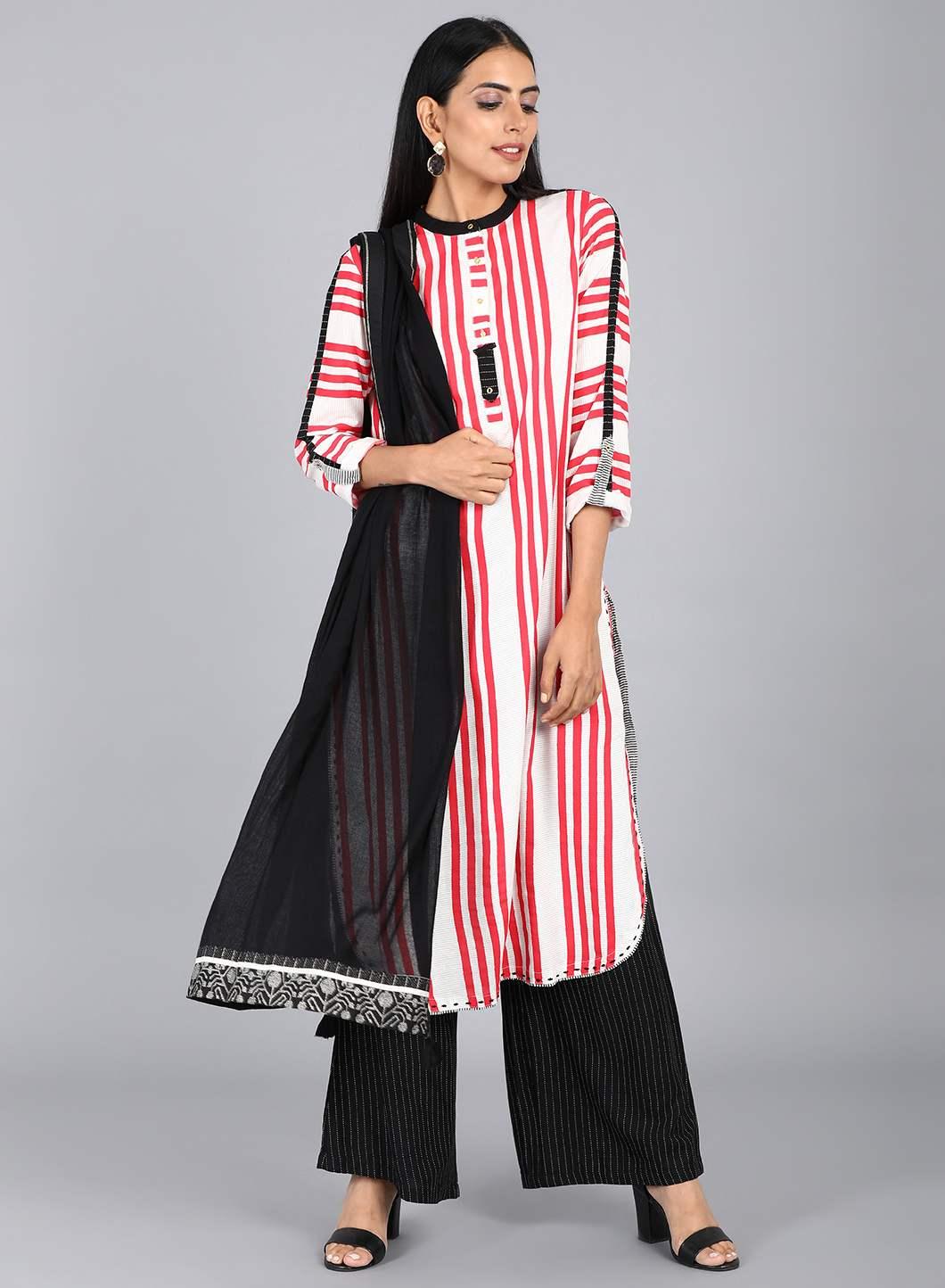 White &amp; Red Mandarin Neck Striped kurta - wforwoman