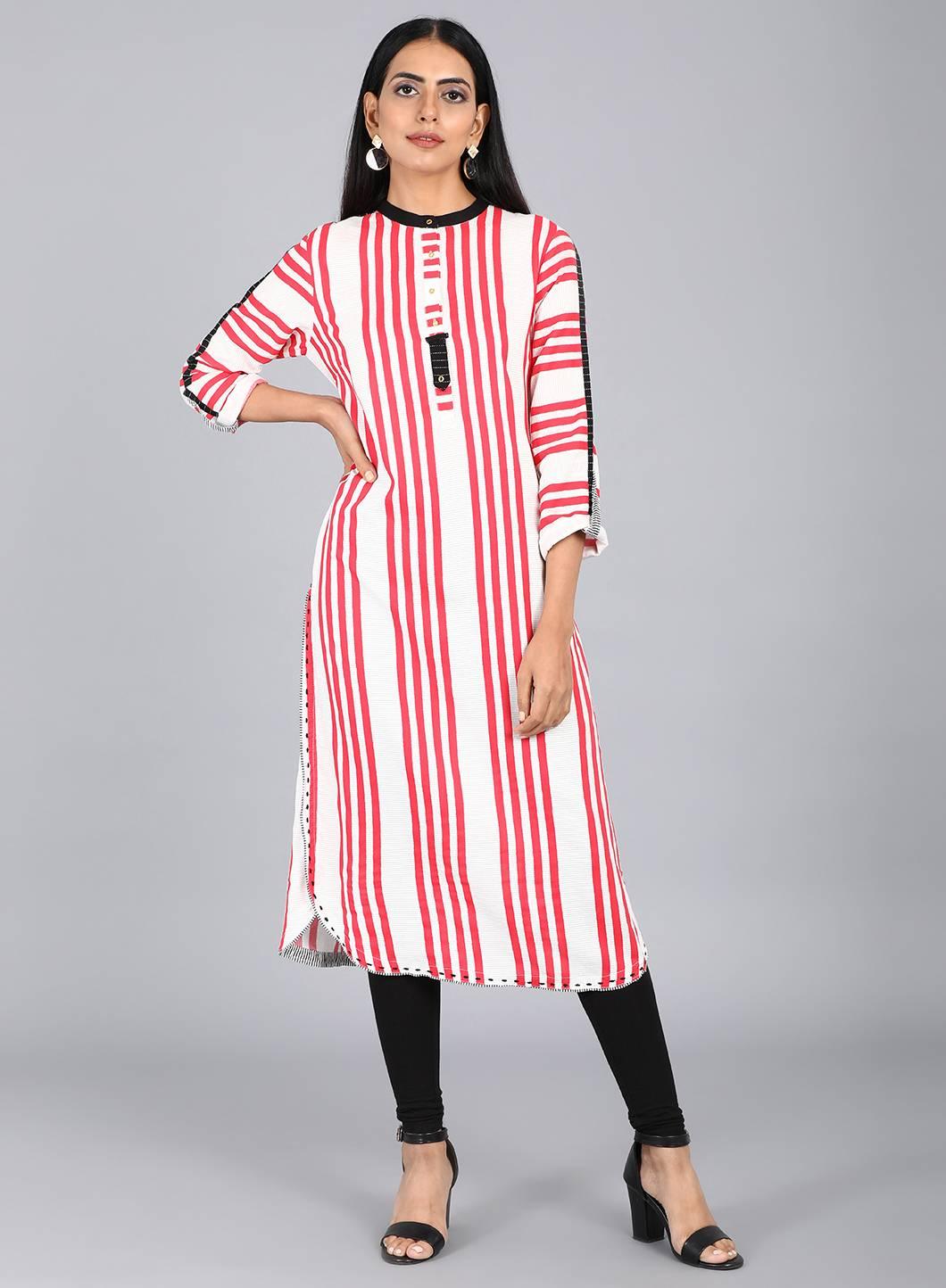 White &amp; Red Mandarin Neck Striped kurta - wforwoman