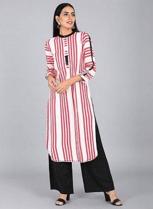 White &amp; Red Mandarin Neck Striped kurta - wforwoman