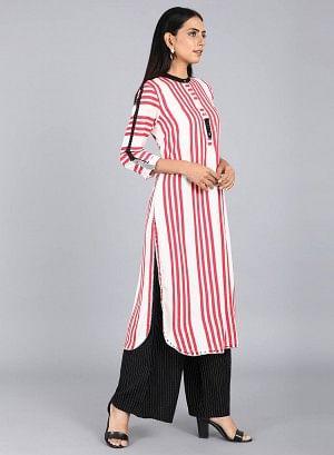 White &amp; Red Mandarin Neck Striped kurta - wforwoman