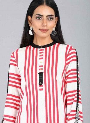 White &amp; Red Mandarin Neck Striped kurta - wforwoman