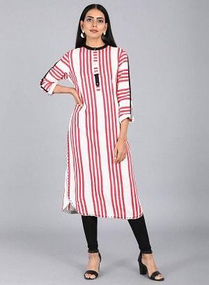 White &amp; Red Mandarin Neck Striped kurta - wforwoman