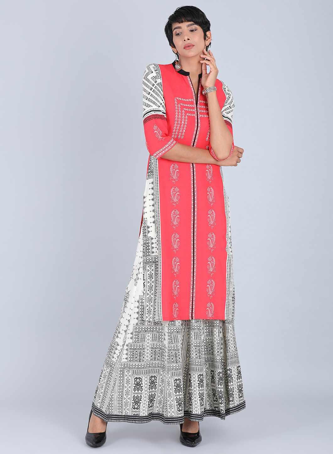 Red Mandarin Neck Printed kurta - wforwoman