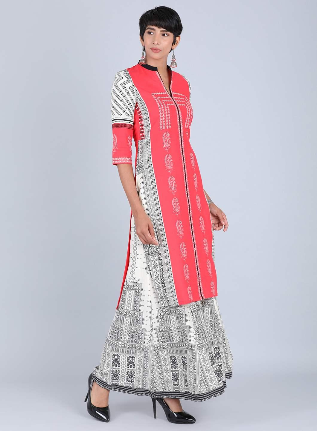 Red Mandarin Neck Printed kurta - wforwoman