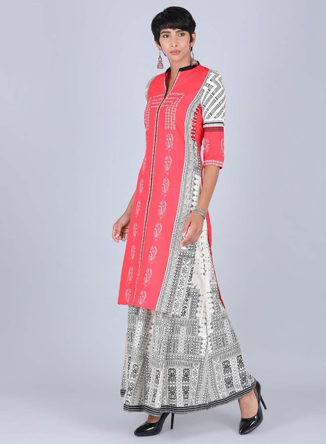 Red Mandarin Neck Printed kurta - wforwoman